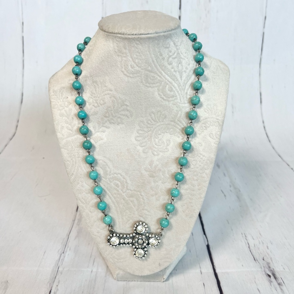 Western Turquoise Beaded Cross Necklace Rhinestone Statement Rodeo Cowgirl 21"